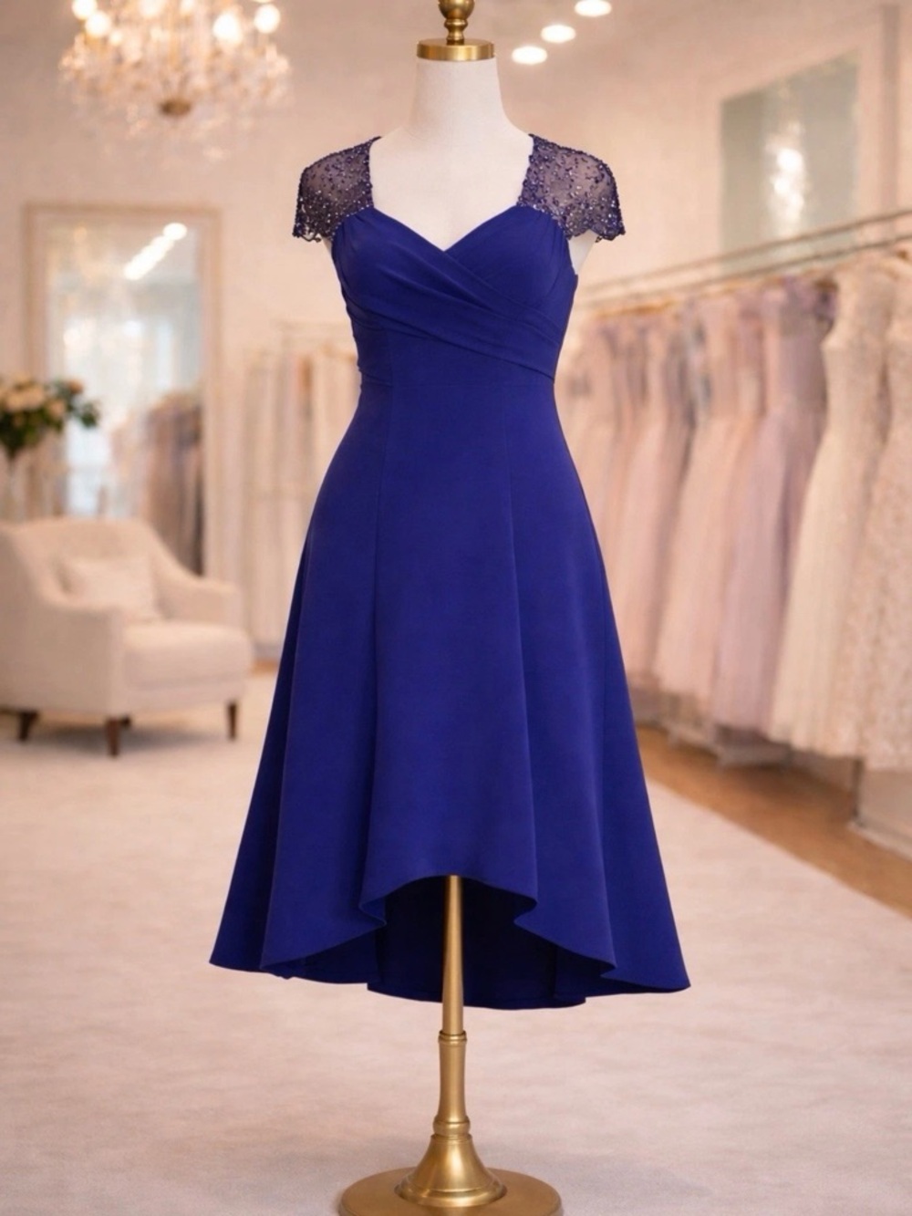 Theia Cobalt Blue High Low Dress Lace Cap Sleeve Cocktail 4 NWT